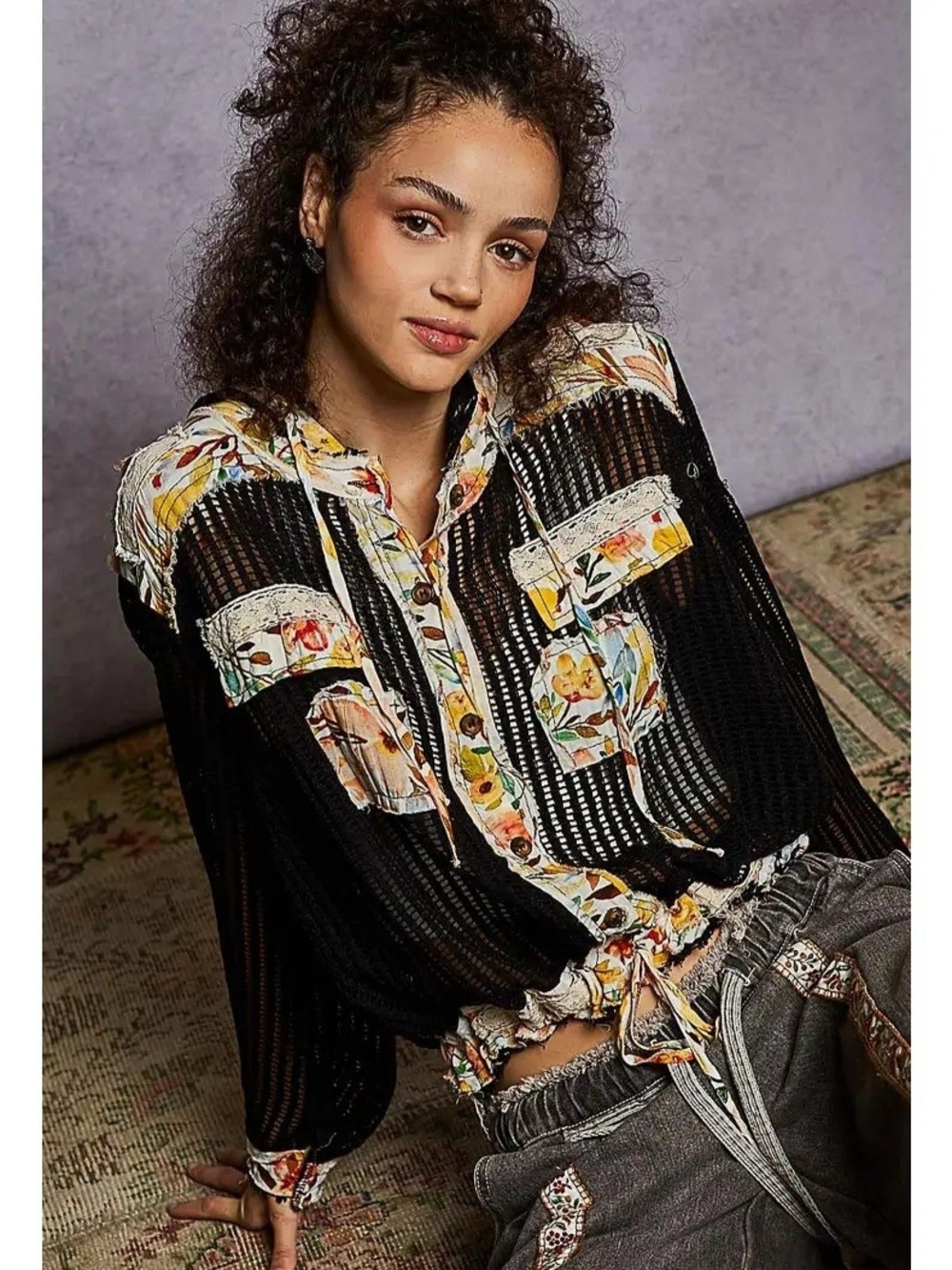 Vintage Washed Floral Print Patch Crochet Jacket